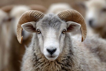 A majestic ram with impressive curled horns, captured in a close-up shot, gazing directly at the camera. The ram is surrounded by other sheep.