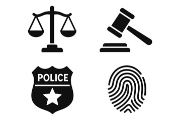 Obraz premium Justice symbols collection: scale, gavel, police badge, and fingerprint icons