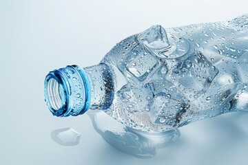 A clear plastic bottle with blue cap filled with ice cubes and covered in condensation lays horizontally on a light blue surface.