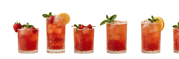 Strawberry Refreshments: A row of visually enticing strawberry cocktails, each elegantly garnished with fresh berries and mint, beckons with refreshing allure.