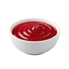A small, perfectly clean, white ceramic bowl with luscious, deep red raspberry coulis, slightly high angle view, on a pristine transparent background, no shadows. Concept for food product advertising