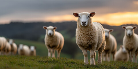 Obraz premium A group of sheep standing on a grassy hill, looking directly at the camera