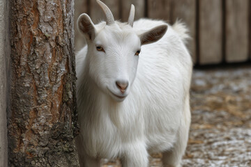 Fototapeta premium A charming white goat standing next to a textured tree, captured in a serene outdoor setting. The goat exudes a sense of curiosity and peace, standing still
