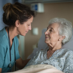 Obraz premium Nurse Comforting Elderly Patient in Hospital Room with Clear Expressions and Uncluttered Setting