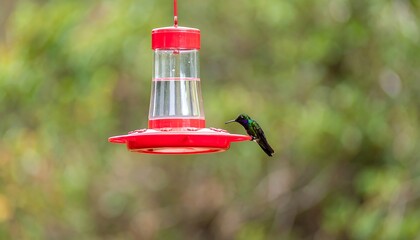 Hummingbird drinks nectar from outdoor feeder