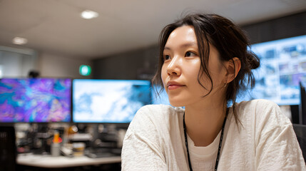 Young Asian woman contemplating while sitting in modern office  