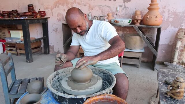 Afro-Brazilian man, third generation of a family of potters, crafting clay pieces inspired by ancient Tapajonic art to preserve cultural tradition in Santarem, Para, Brazil