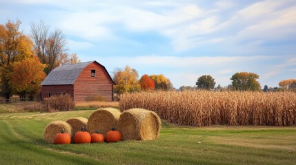 Rustic autumnal landscape with a red barn and hay bales.