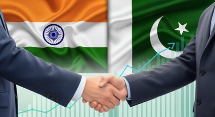 Indian and Pakistani businessmen shaking hands, with flags and a stock chart background, symbolizing trade agreements, diplomacy, and global economic relations