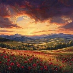 Fototapeta premium Serene Sunset Landscape. Vibrant Poppy Field, Rolling Hills, Dramatic Sky, Impressionistic Painting Style