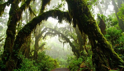 Misty Moss-Draped Rainforest Path, Lush Green Canopy