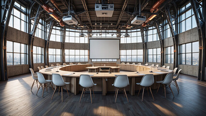 Modern Conference Hall With Hexagonal Tables And Industrial Architecture Design Elements