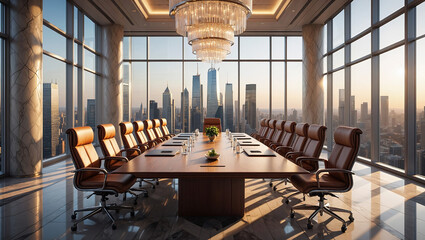 Prestigious Executive Boardroom With Metropolitan Skyline Views Mahogany Table And Crystal Chandeliers