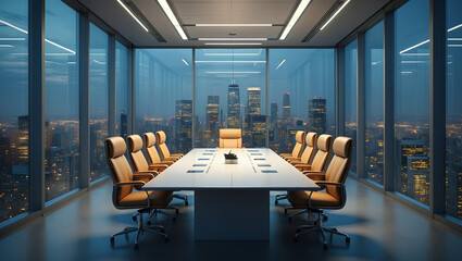 An Executive Boardroom With City Views White Lacquer Table And Cream Leather Chairs