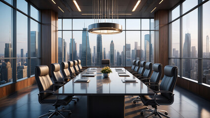 Executive Boardroom With City Skyline Black Granite Table And Charcoal Gray Leather Chairs