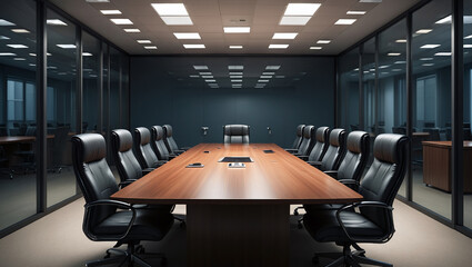 Large Rectangular Mahogany Conference Table With Black Leather Chairs And Glass Partitions
