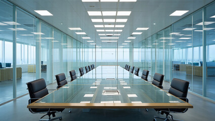 Large Rectangular Glass Conference Table With Black Leather Chairs And Floor To Ceiling Partitions