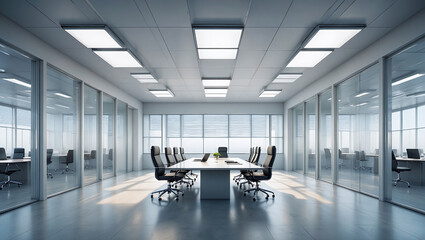 Large Rectangular Glass Conference Table With LED Grid Lighting And Black Leather Office Chairs