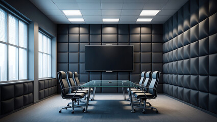 Modern Conference Room With Dark Grey Acoustic Panels Glass Table And Black Mesh Office Chairs