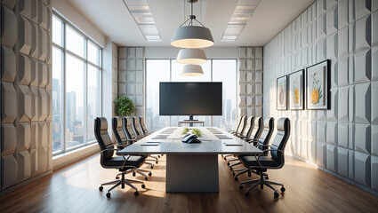 Bright Contemporary Conference Room With Soundproof Geometric Panels And Glass Conference Table