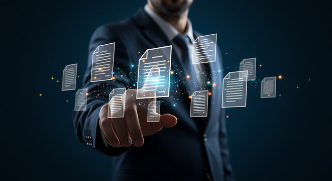 A businessman interacts with digital documents, representing data management, information access, and process automation in business and technology