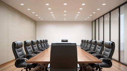Modern Conference Room With Polished Wooden Table Premium Black Leather Chairs And Beige Walls