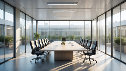 Modern Minimalist Glass Conference Room With White Wood Grain Table And Black Leather Chairs
