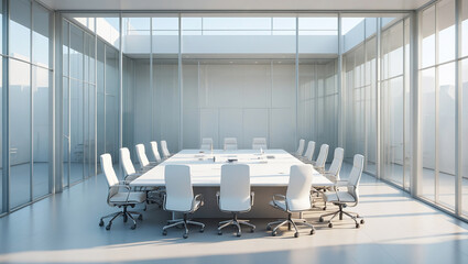 Modern Glass Conference Room With White Table And Twelve White Ergonomic Office Chairs Design