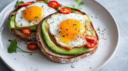 Delicious breakfast toast topped with avocado, fried eggs, and fresh chili slices on a white plate
