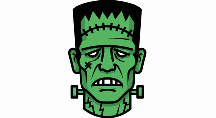 Cartoon Frankenstein's Monster Head, Green Skin, Stitched Forehead, Sad Expression