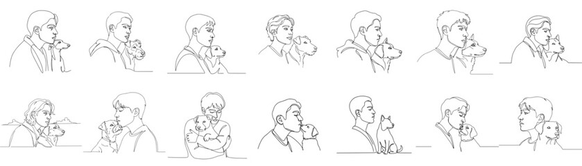 Profile of a person with a dog, set of 10 icons, isolated on transparent background
