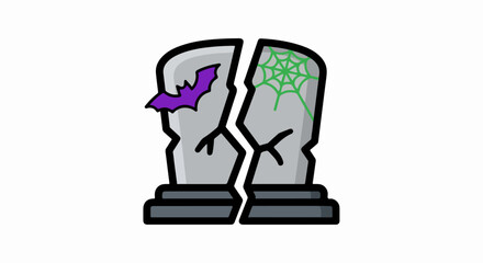 Cracked Grey Halloween Tombstone with Bat and Spiderweb