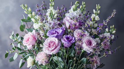 Beautiful arrangement of flowers featuring lavender, roses, and greenery in a soft light setting