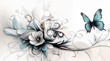 Beautiful blue butterfly and floral design in a modern artistic style