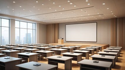 Large Corporate Training Room With White Modular Tables Built In Power Outlets And Wooden Stage