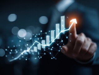 Business growth and data analysis with technology. Analyzing efficiency and productivity with data science. Analyst touching growth graph and arrow icon on network structure.