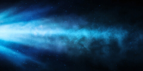 Fototapeta premium Abstract blue light streak in dark space background with glowing stars
