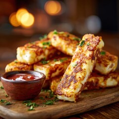 Halloumi cheese, which has a high melting point, is cut into sticks and pan-fried