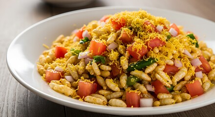 Delicious Bhel Puri, a savory Indian street food chaat snack with puffed rice, tomatoes, and onions served in a white bowl.