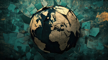 Cracked globe symbolizes global issues, showcasing regions affected by tariffs and sanctions. artwork evokes sense of urgency and concern for international relations and trade dynamics