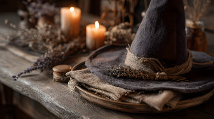 Witch hat with dried herbs and candles on wooden table decor  