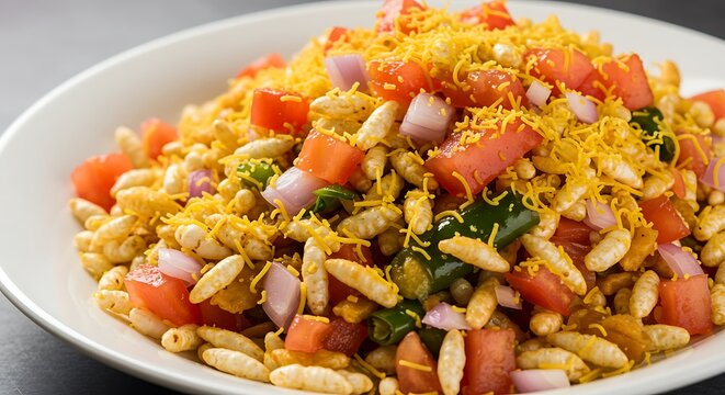 Close-up of delicious Bhel Puri, a popular Indian savory street food snack made with puffed rice, vegetables, and sev