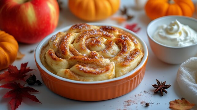 Warm Pumpkin Apple Dessert With Cream and Fall Decorations on a White Table.