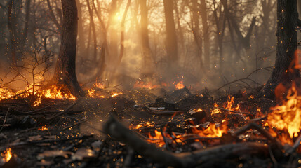 Forest fire burning vegetation with smoke in a wooded area  