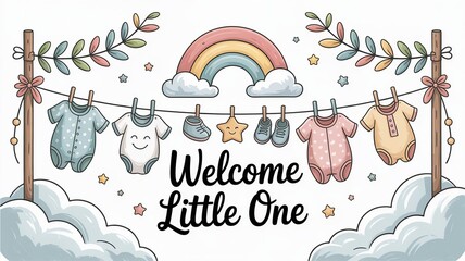 Welcome Little One Baby Shower Illustration with Clothesline, Rainbow, and Clouds – Hand-Drawn Nursery Art
