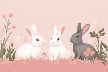 Fototapeta premium Isolated in pastel pink background, flat illustration style, with rabbits