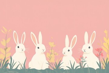 Obraz premium Isolated in pastel pink background, flat illustration style, with rabbits