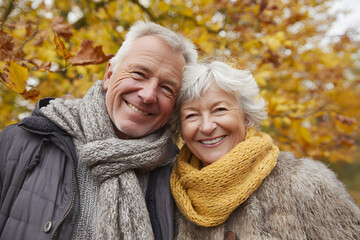 Happy senior couple in autumn park