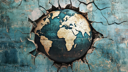Cracked globe reveals detailed map of world, symbolizing global issues and challenges. textured background adds depth, enhancing emotional impact of image