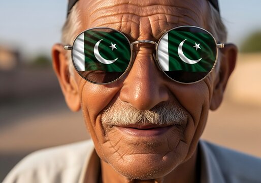 Thoughtful portrait of a smiling old man wearing sunglasses that reflect the Pakistan flag, symbolizing national pride, wisdom, and a hopeful, patriotic future